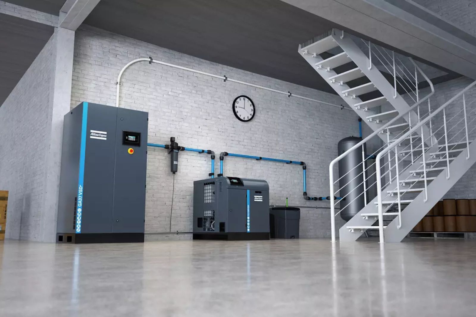 Atlas Copco compressed air installation in a manufacturing environment